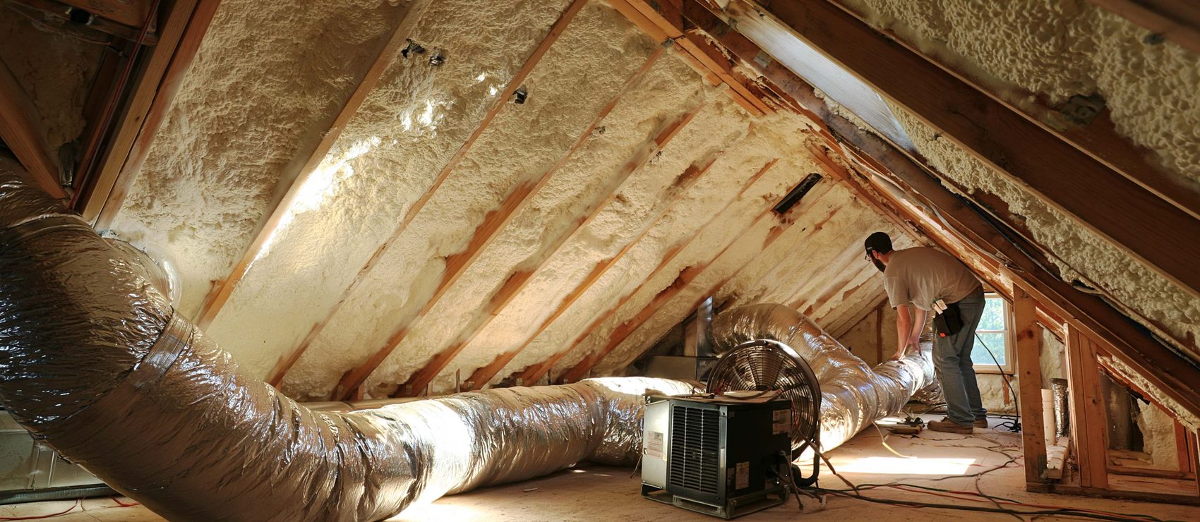 Spray foam covering an attic roof deck above insulated ductwork and an air handler brought inside the envelope