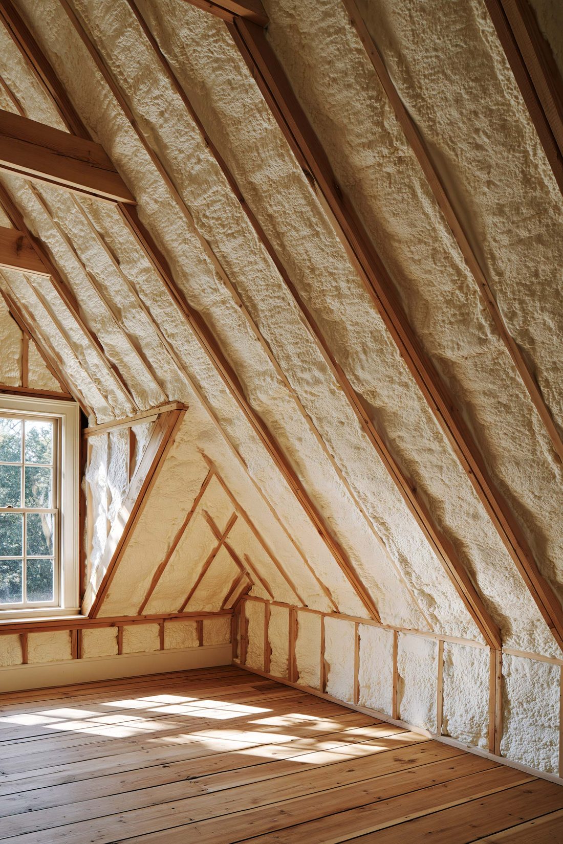 An attic roof deck coated in spray foam with the rafter lines showing through