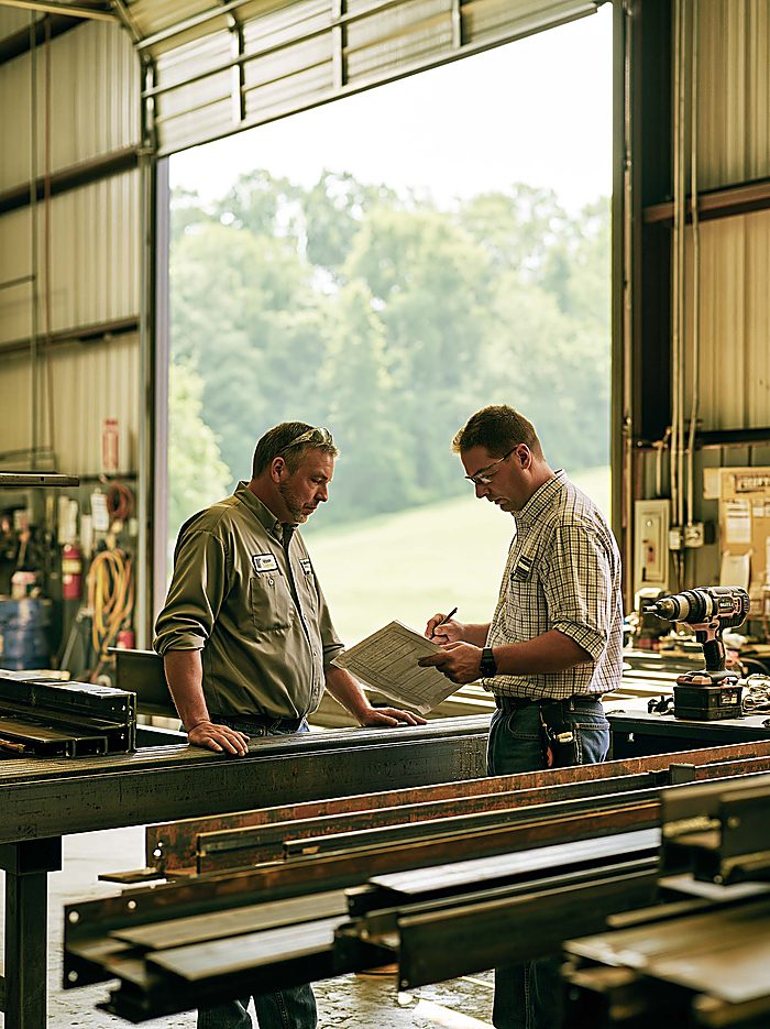 An estimator and a metal building owner reviewing a work order at a steel workbench, with an open bay door to a pasture behind them