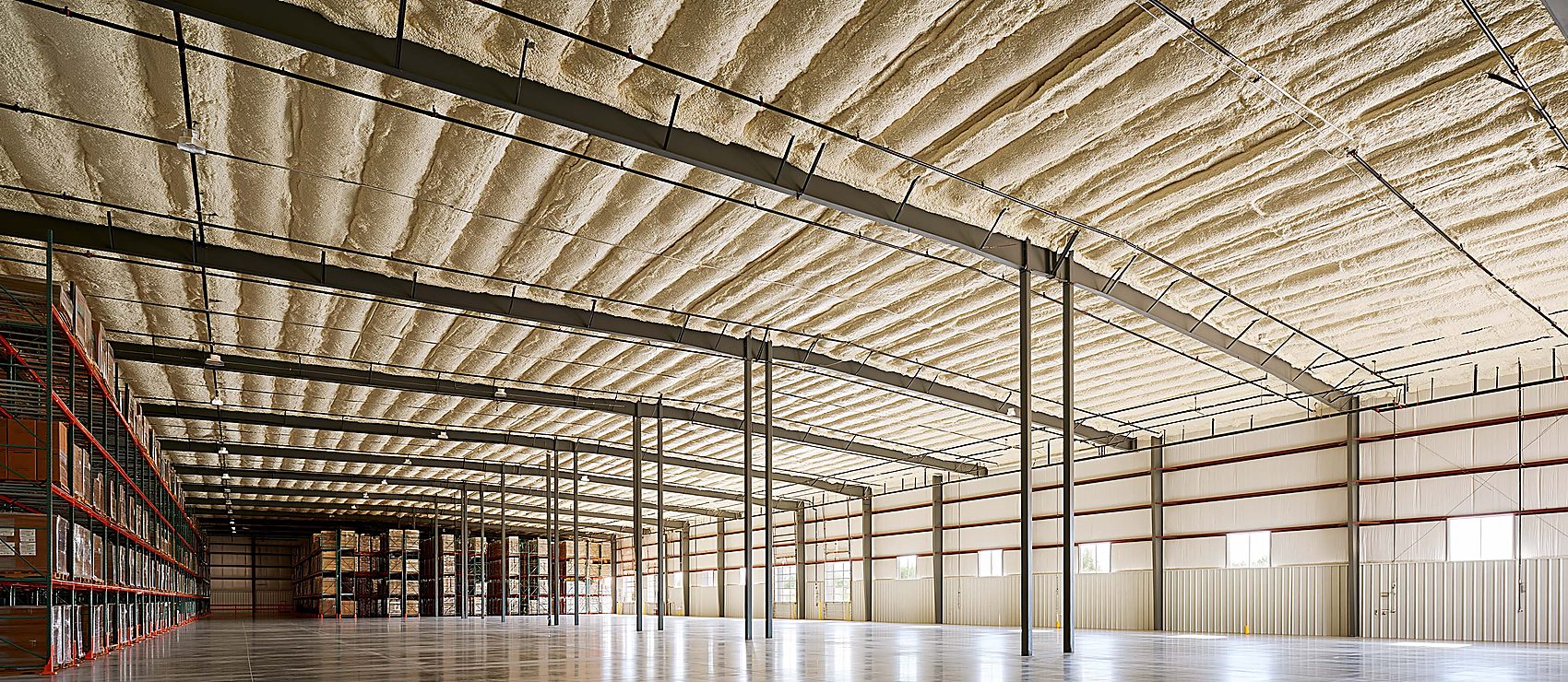 Bright distribution warehouse interior with spray foam insulation coating the roof deck between steel purlins, pallet racking and boxed inventory along the wall