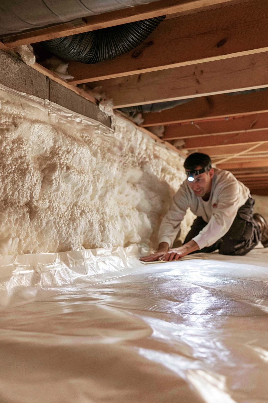 Installer smoothing a vapor barrier in a crawl space with foam-coated block walls