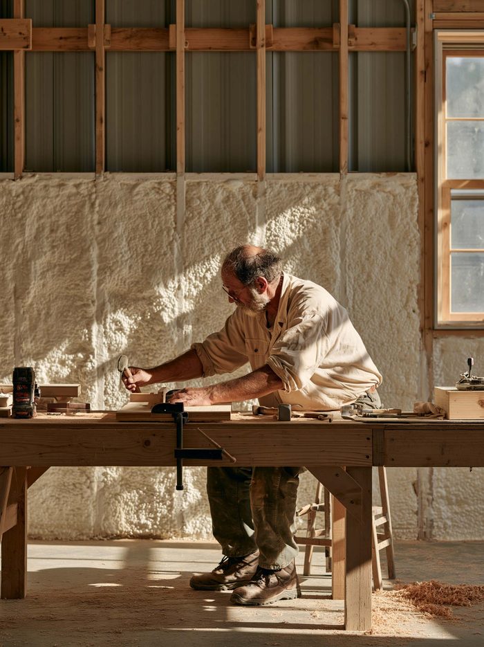 A woodworker planing a board at his bench in a dry insulated shop, spray foam covering the wall behind him