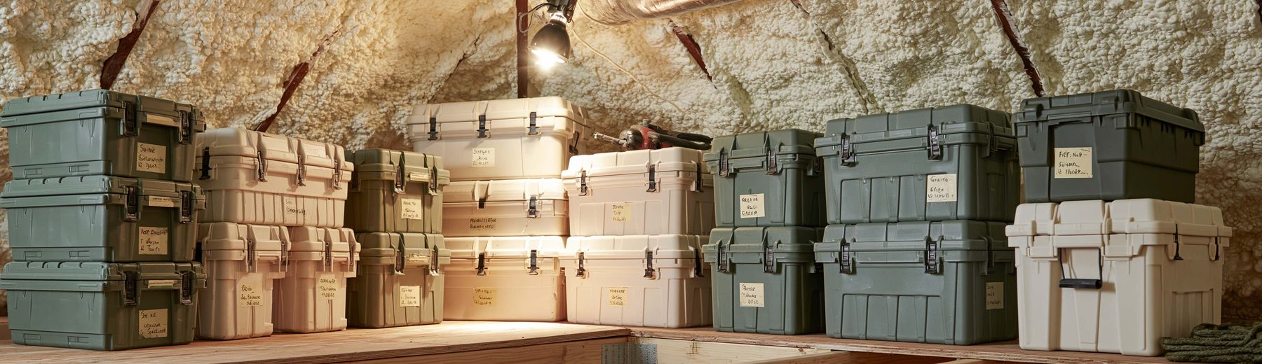 labeled storage bins on a platform inside a foam-insulated attic
