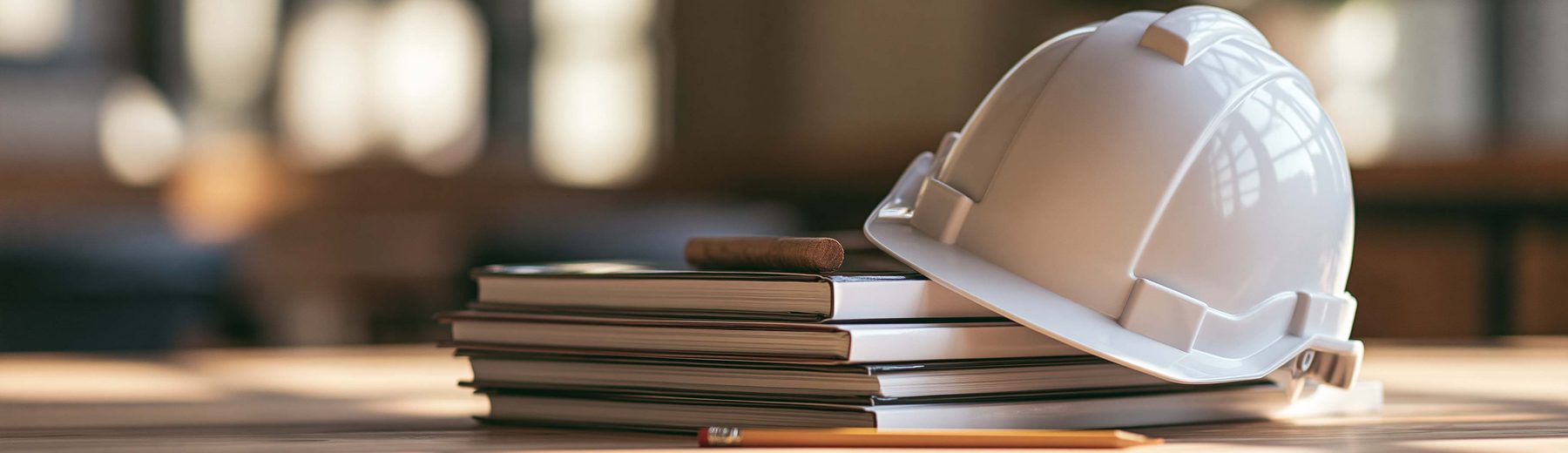 building code manuals, a hard hat, and a pencil on a table