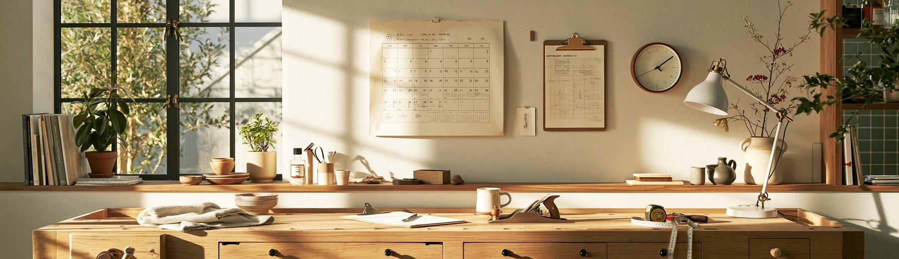 a wall calendar, clipboard, and tape measure on a workbench