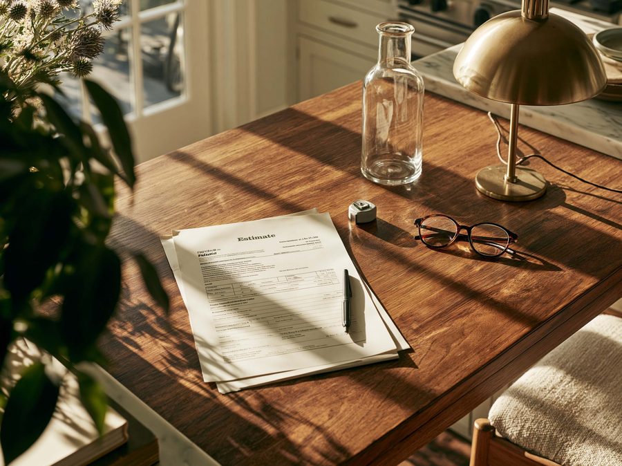 An insulation estimate, a pen, a tape measure, and reading glasses on a sunlit kitchen table