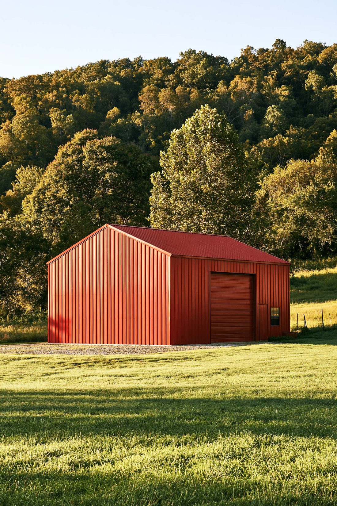A red metal shop building standing in a green Ozark pasture