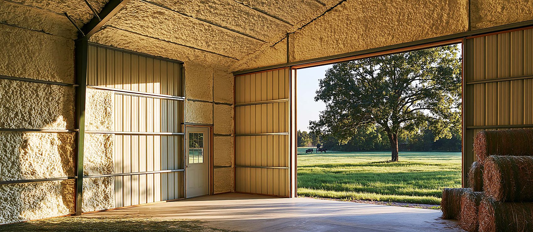 Interior of a steel pole barn with spray foam insulation coating the roof panels and walls, an open bay door showing pasture, hay bales, and grazing cattle
