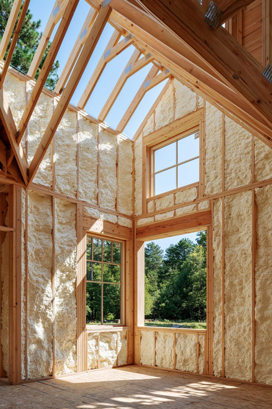 A framed house with foam-filled exterior walls and open roof framing above