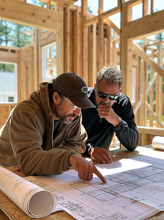 An estimator and a homeowner leaning over rolled-out blueprints on a plywood subfloor inside a framed house, pointing at a detail on the plan