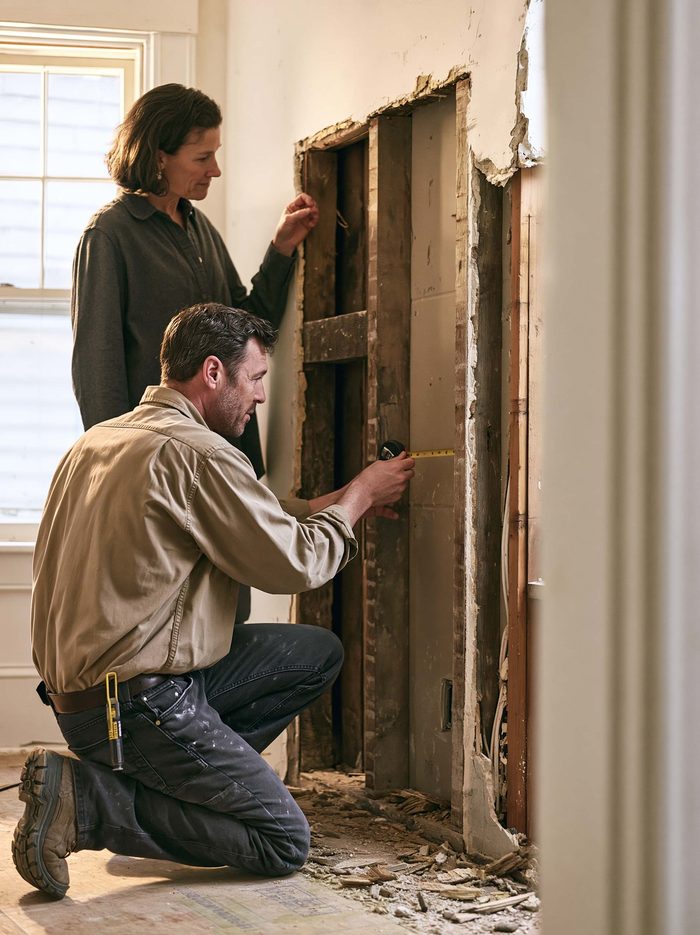 An estimator measuring the depth of a stud bay in an opened wall while the homeowner looks on