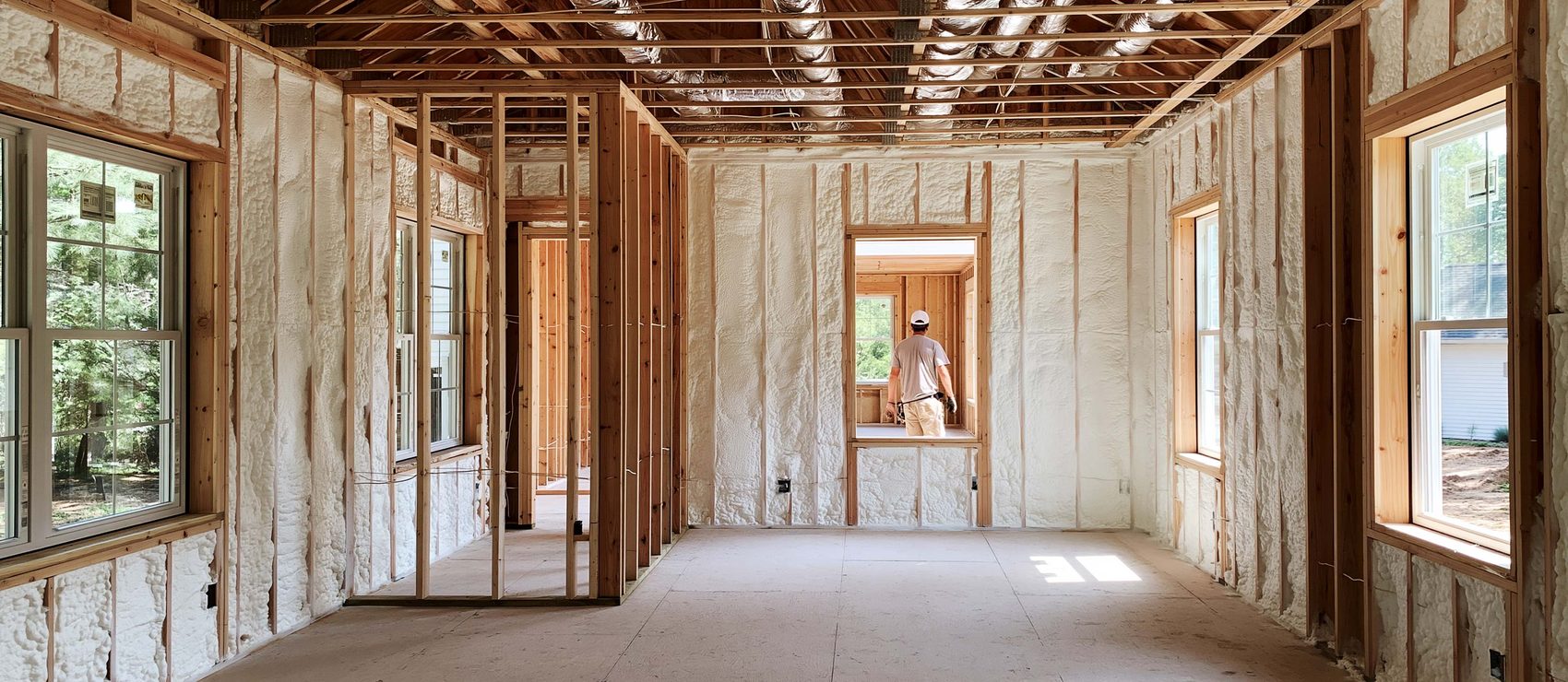 White open-cell spray foam filling every stud bay of a framed home addition, trimmed flush with the studs
