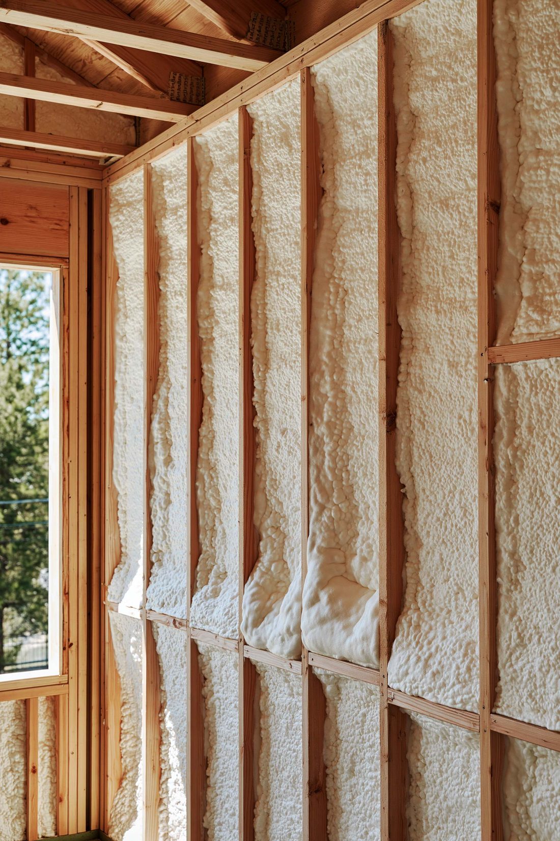 Soft open-cell foam filling the stud bays of a framed interior wall
