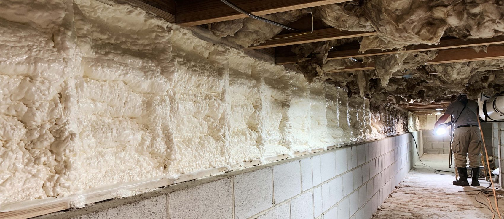 Closed-cell foam sealing the rim joist band along a crawl space wall, with sagging old fiberglass still in place beyond it