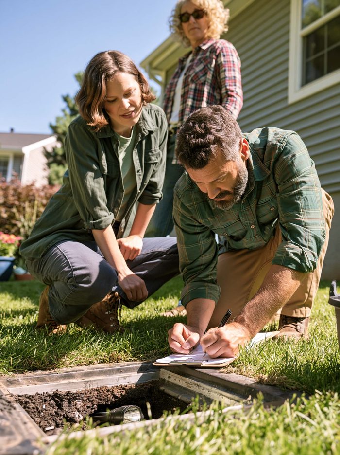 An estimator making notes at an open crawl space hatch while two homeowners look on