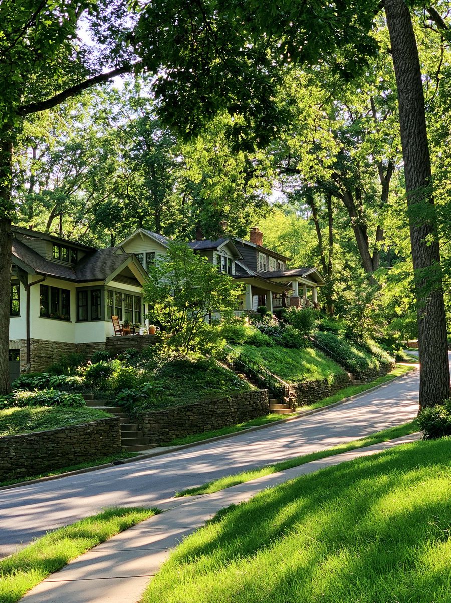 An older residential street climbing a hill beneath mature hardwoods in full leaf