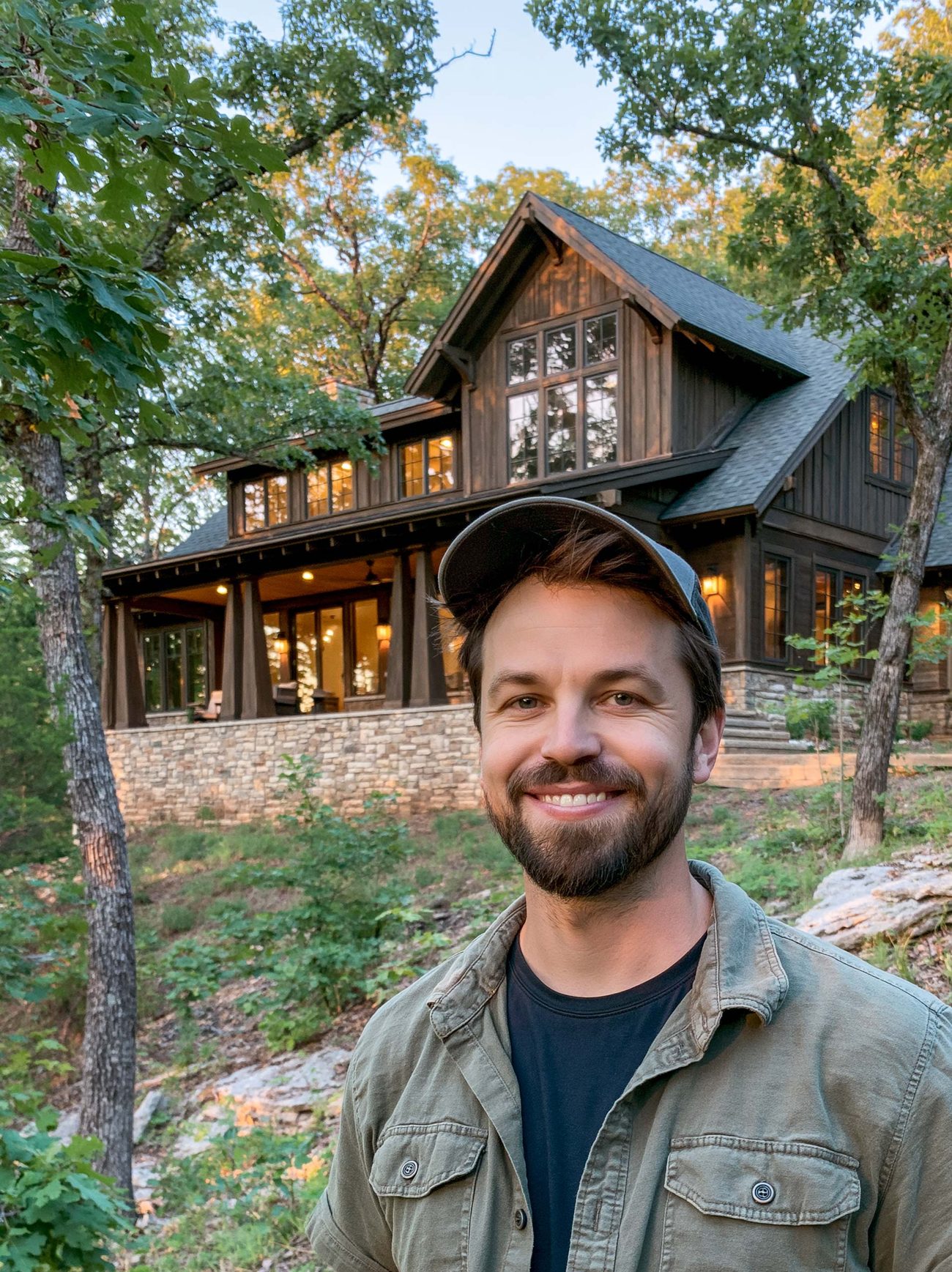 Spray foam insulation contractor standing outside a craftsman home on a wooded Ozark hillside
