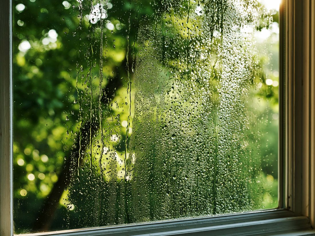 Condensation beading on the inside of a window pane with green trees blurred beyond
