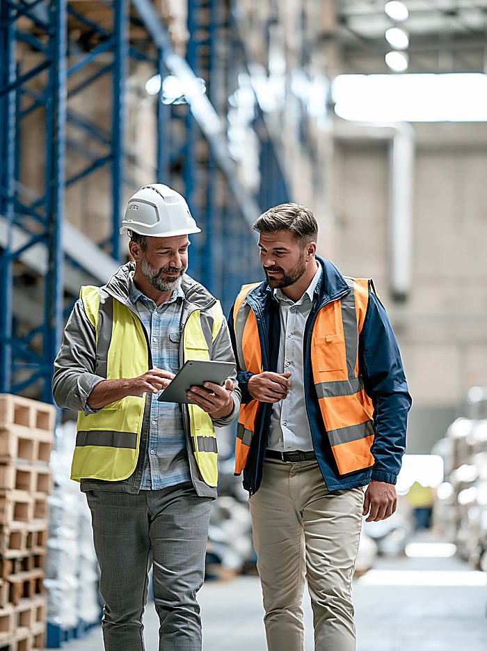 An estimator and a facility manager in hi-vis vests reviewing a tablet while walking through a warehouse aisle lined with pallet racking